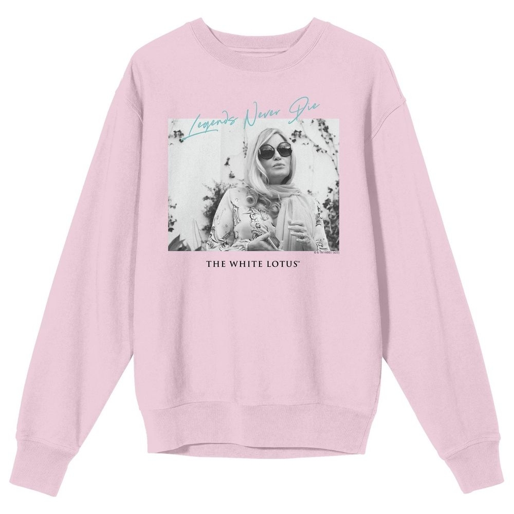 the pink sweatshirt with a character from the white lotus on it that reads legends never die