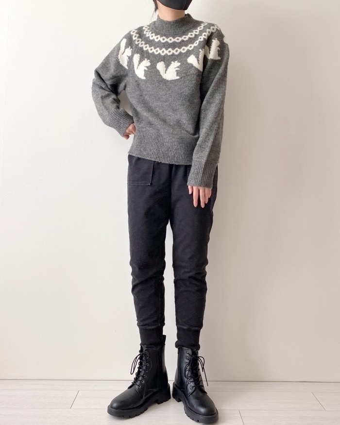ユニクロのオススメのセーター「ジャカードクルーネックセーター（長袖）」のコーディネート