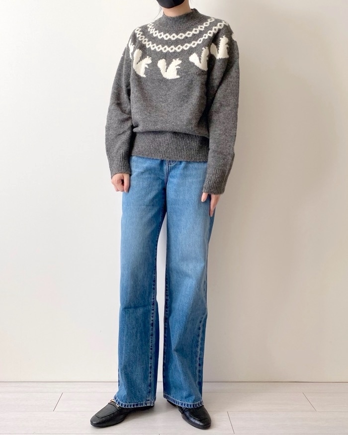ユニクロのオススメのセーター「ジャカードクルーネックセーター（長袖）」のコーディネート