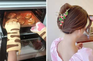 L: oven mitts shaped like cat paws R: strawberry claw clip