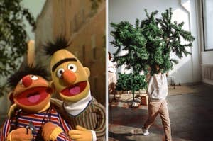 bert and ernie and a kid carrying a christmas tree