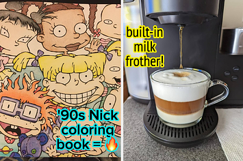 reviewers colored in Rugrats coloring page and reviewers Keurig pouring coffee into glass mug with frothed milk in it