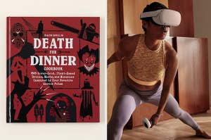 on left: death for dinner cookbook and on right: virtual reality game