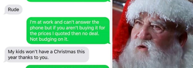 messages from someone complaining their kids won't have a christmas because someone won't give them a discount, next to confused santa