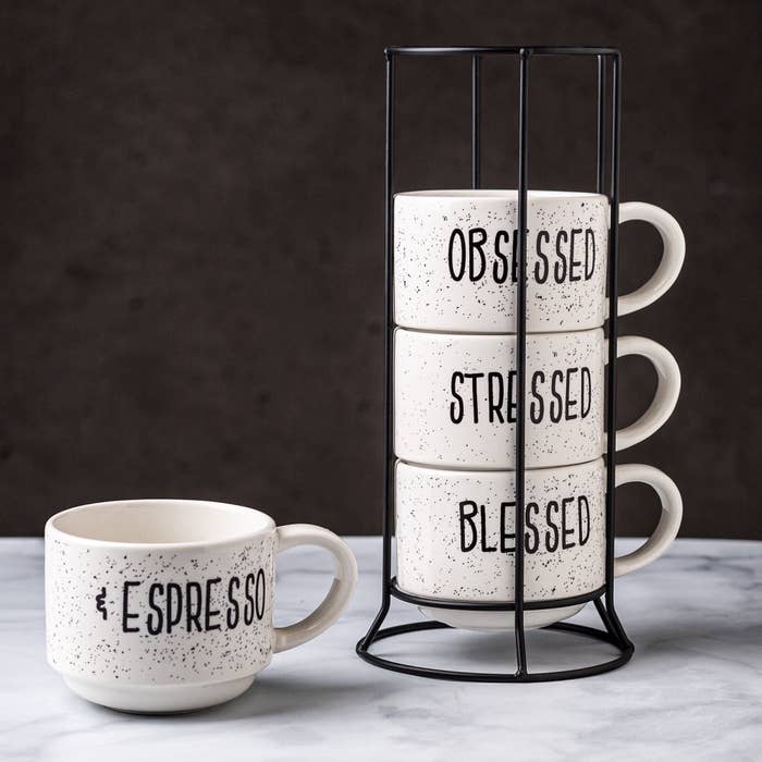 the four different mugs that read espresso obsessed stressed and blessed