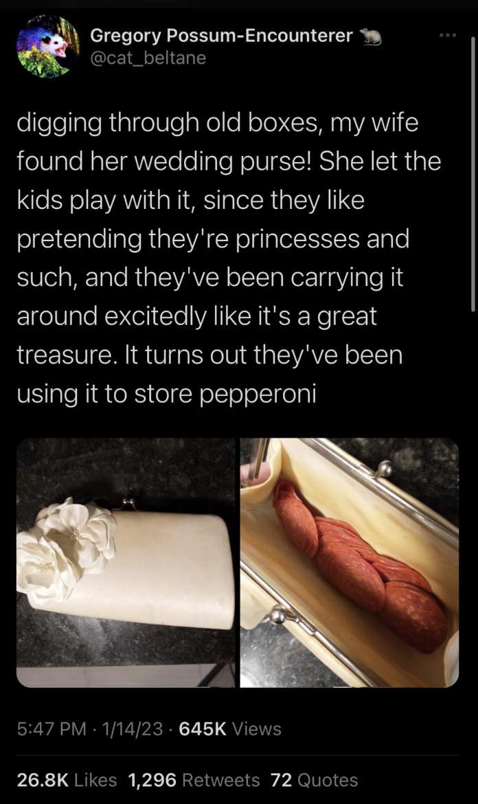 pepperoni in a wedding purse