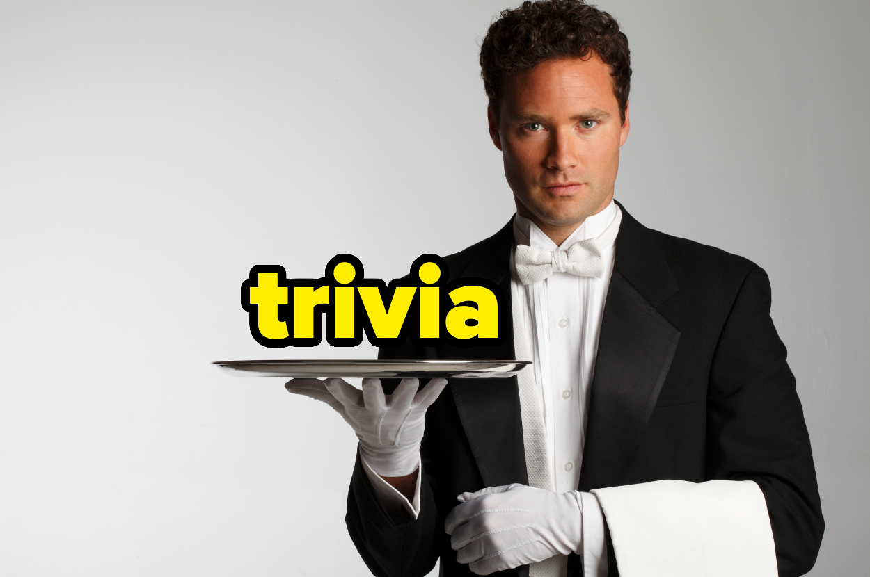 A man holding a tray with the word &quot;trivia&quot; above it