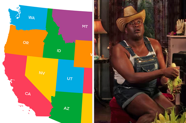 On the left, a map of the US, focusing on the West coast, and on the right, Tituss Burgess wearing short overalls and a cowboy like hat as he shucks some corn as Titus on Unbreakable Kimmy Schmidt