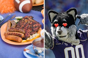 Plate full of tailgate food and Harry the Husky with heart eyes.