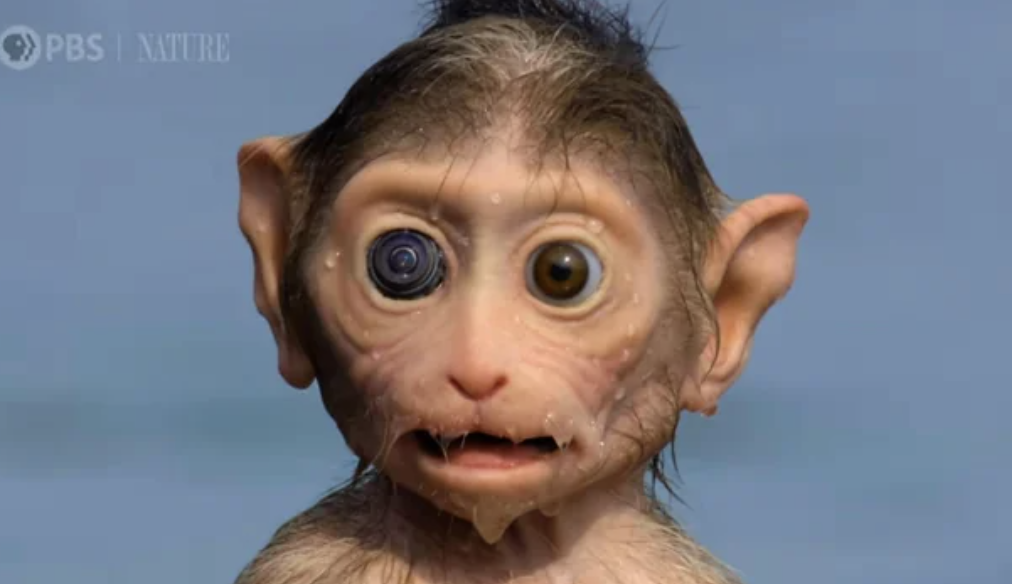Close-up of a very real-looking robot monkey with large eyes and what looks like water dripping from its mouth