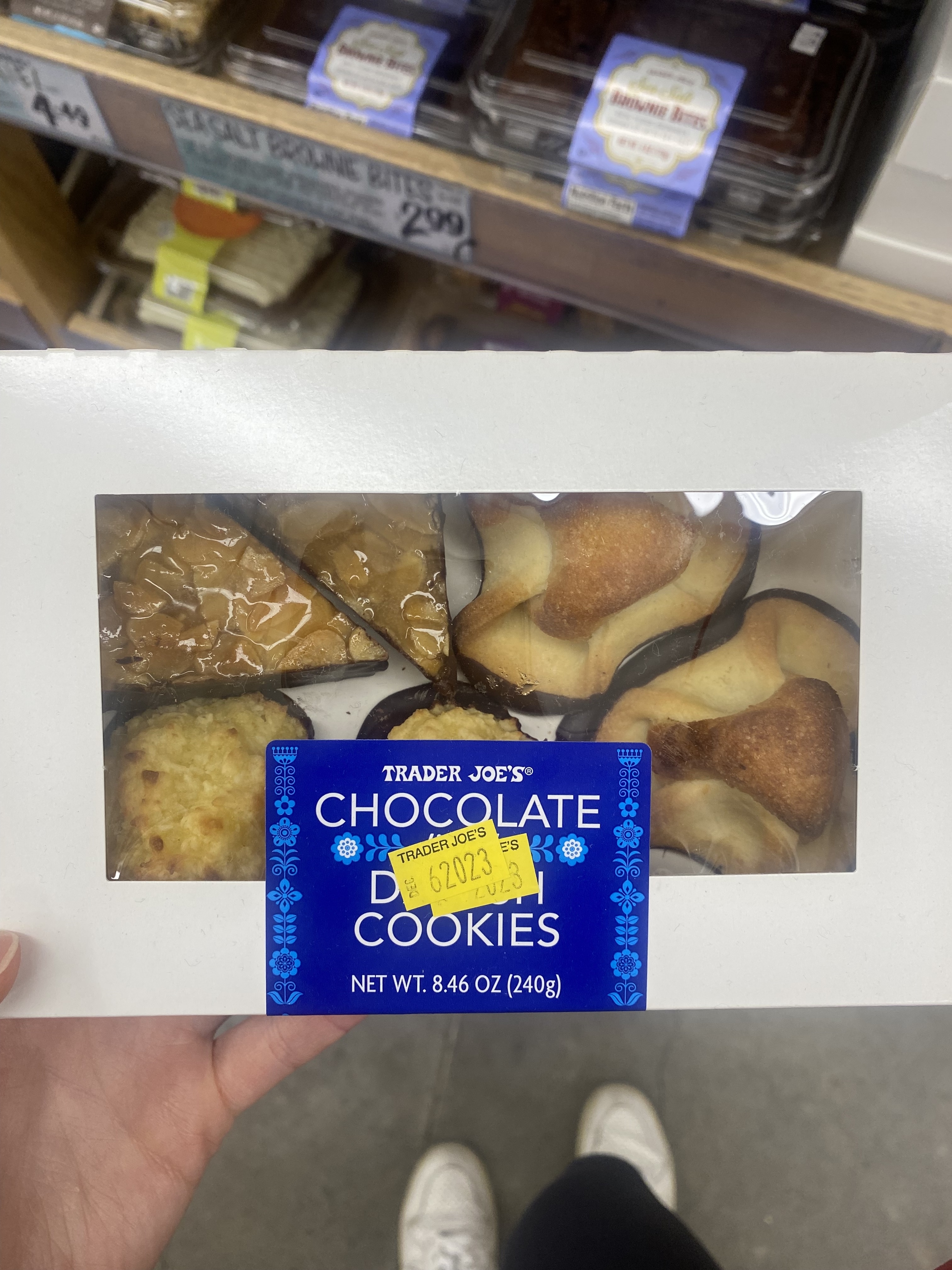 a window pane bakery box with 6 chocolate dipped danish cookies
