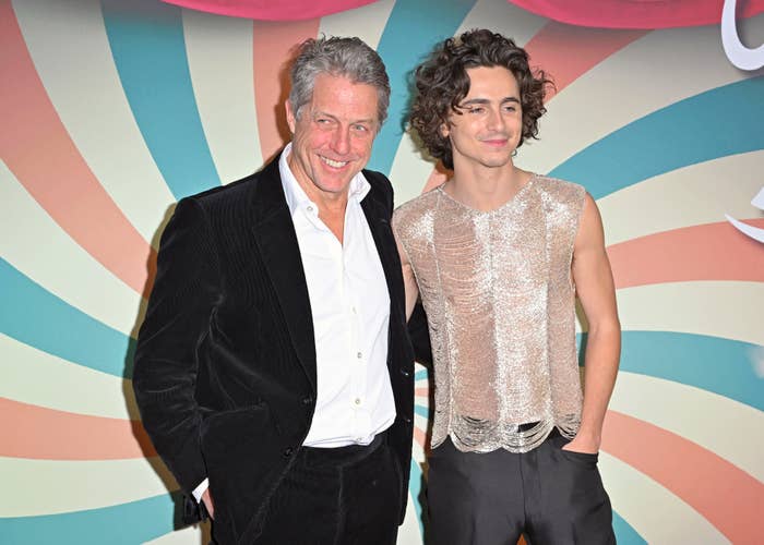 Closeup of Hugh Grant and Timothée Chalamet on the red carpet