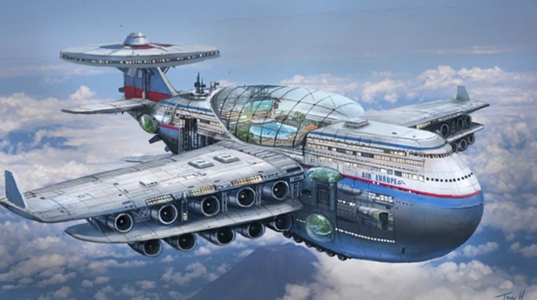 A multistory airplane in the air that looks like a cruise ship with wings that have two layers of five engines on each side