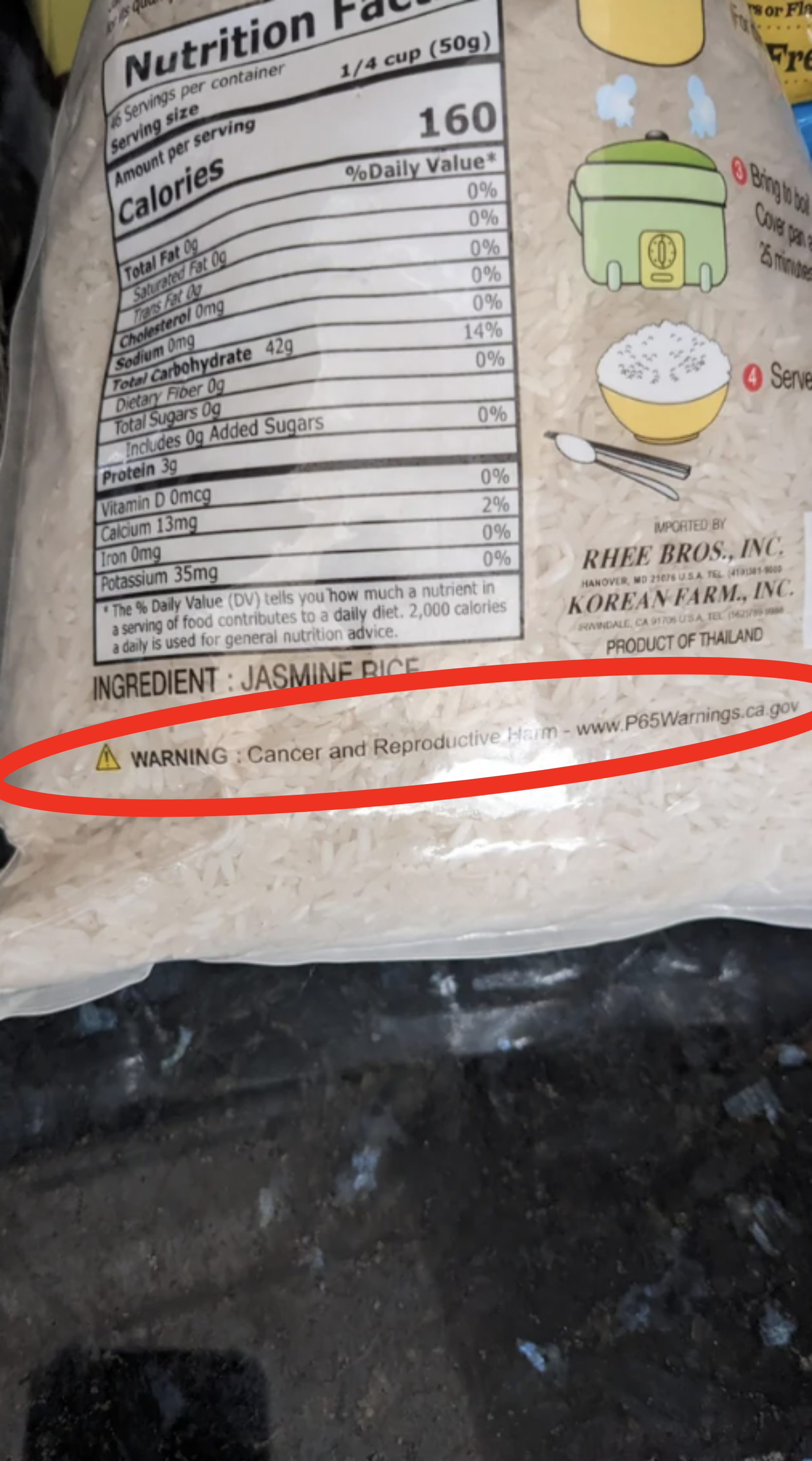 A label for jasmine rice with the warning &quot;Cancer and Reproductive Harm - www.P65warnings.ca.gov&quot; circled
