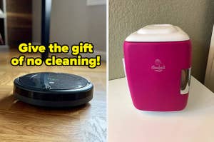 a roomba and text that reads give the gift of no cleaning; a pink mini fridge