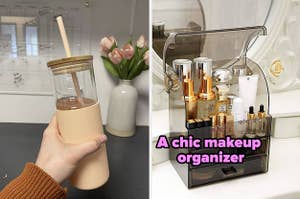 A reviewer holding a glass tumbler with a straw and a photo of a makeup organizer