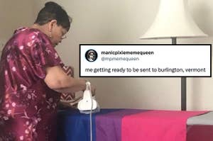 a woman irons a bisexual flag with a tweet about being sent to burlington vermont