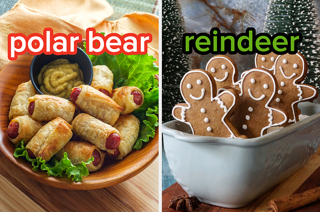 On the left, some pigs in a blanket with a side of mustard labeled polar bear, and on the right, some gingerbread men labeled reindeer