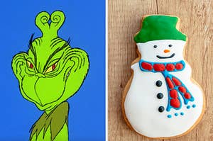 On the left, the Grinch smiling a devious smile, and on the right, a snowman shaped sugar cookie