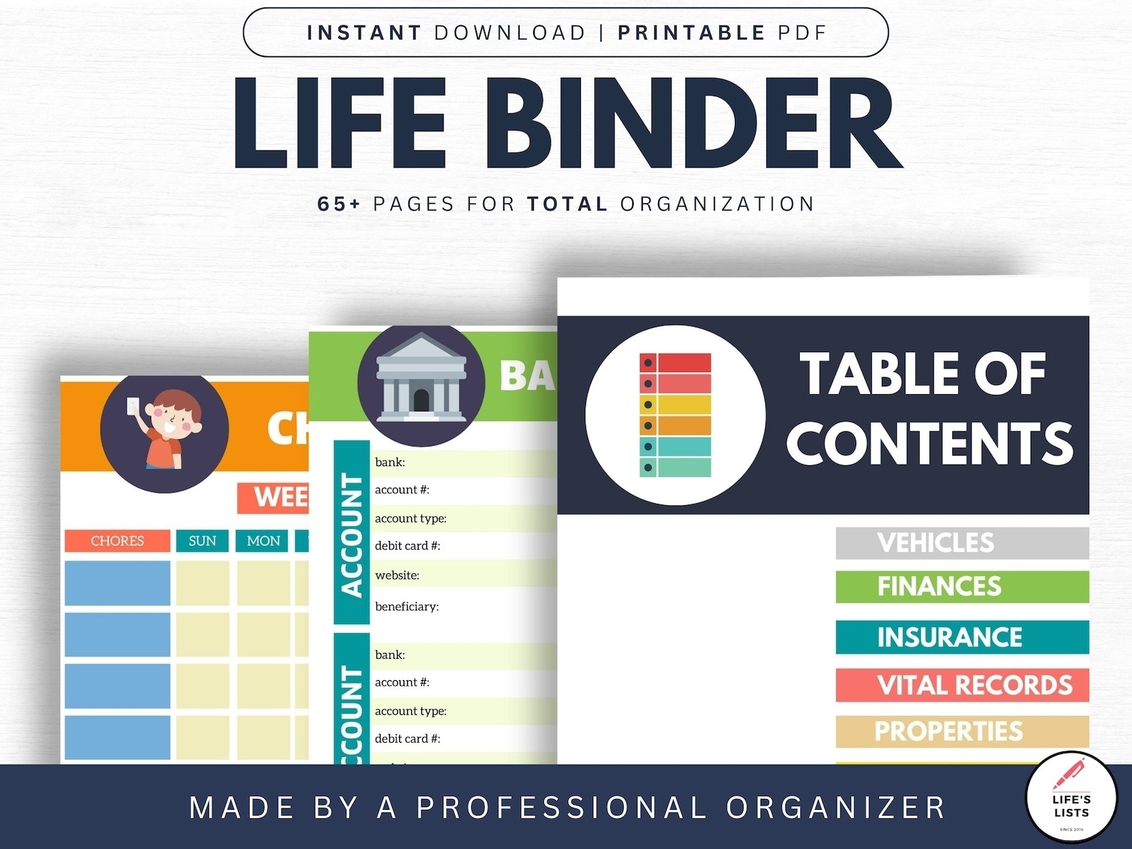 example pages of the life binder including table of contents, bank info, and chore chart