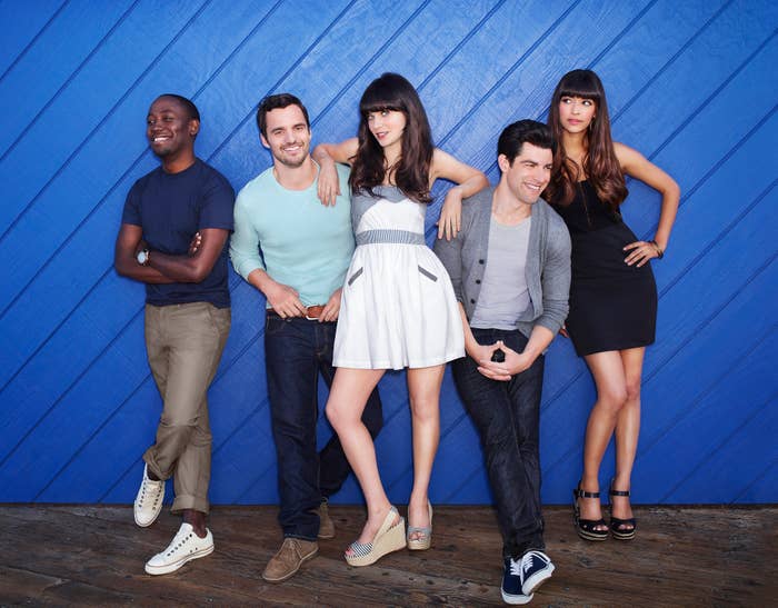 The cast of &quot;New Girl&quot; leaning against a wall