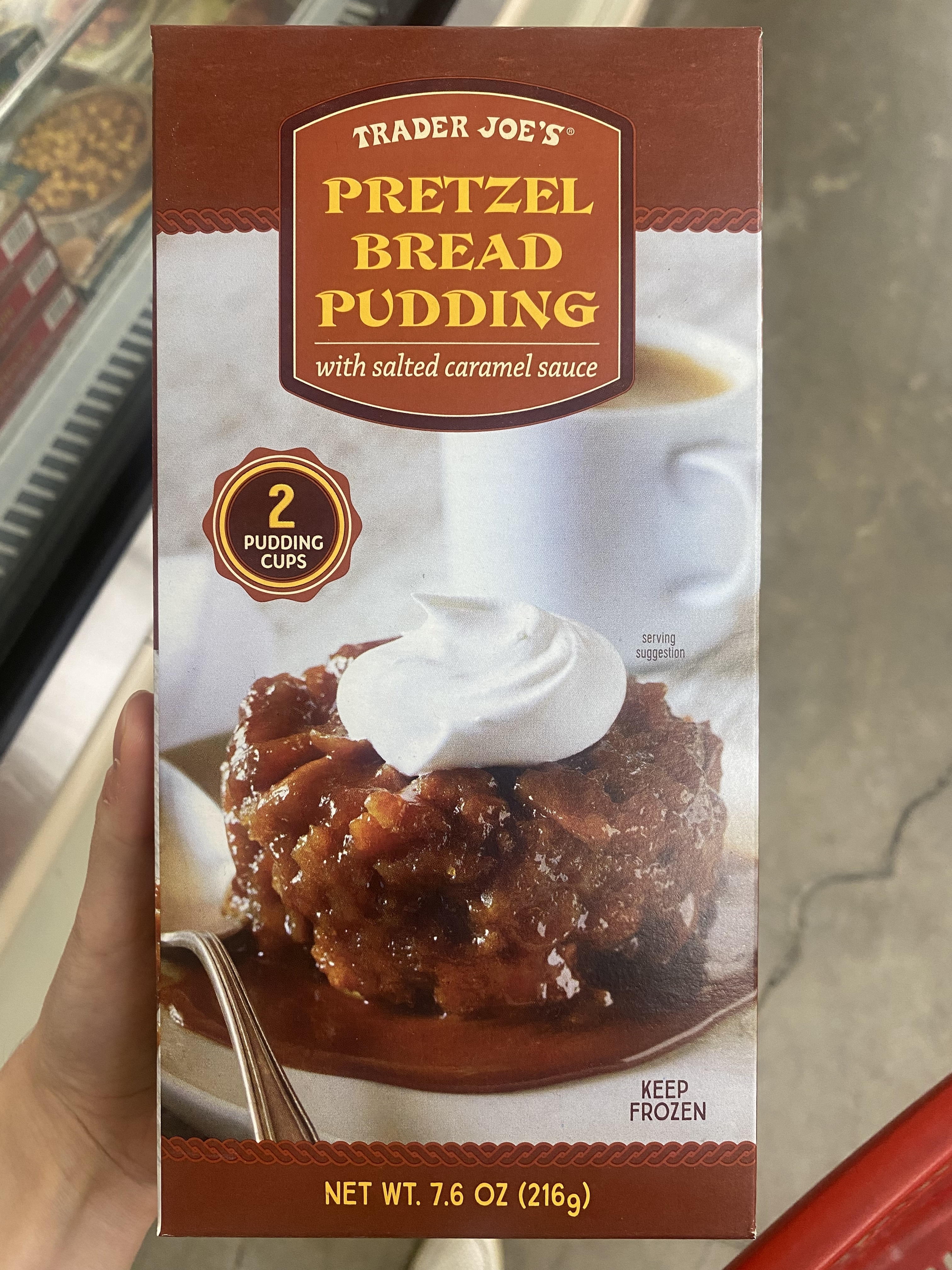 a box of frozen pretzel bread pudding