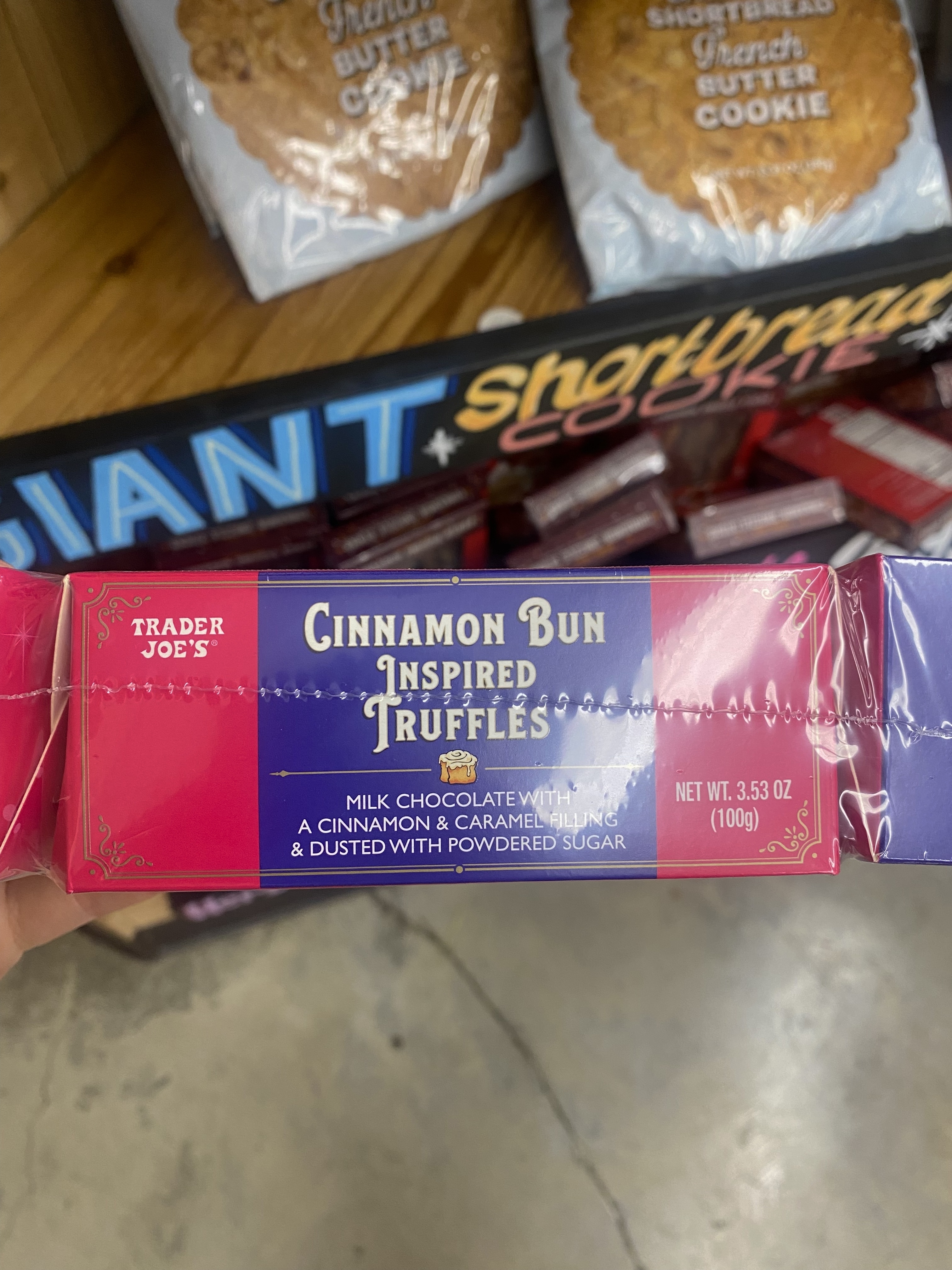 a rectangular package of cinnamon bun inspired truffles