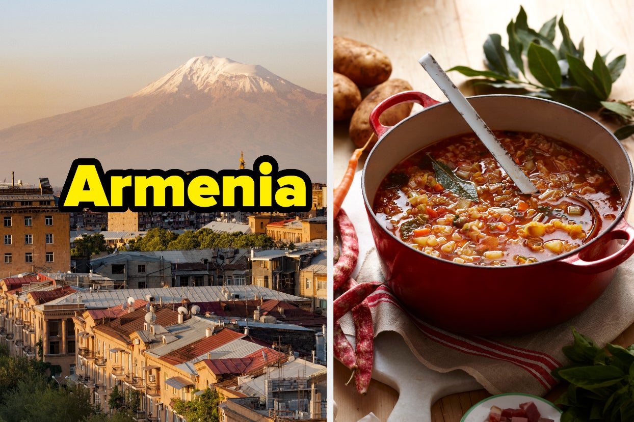 Armenian city with mountain and Minestrone soup.