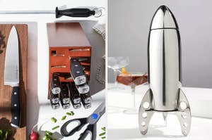 on left: knife block set with black and silver knives. on right: silver rocketship-shaped cocktail shaker