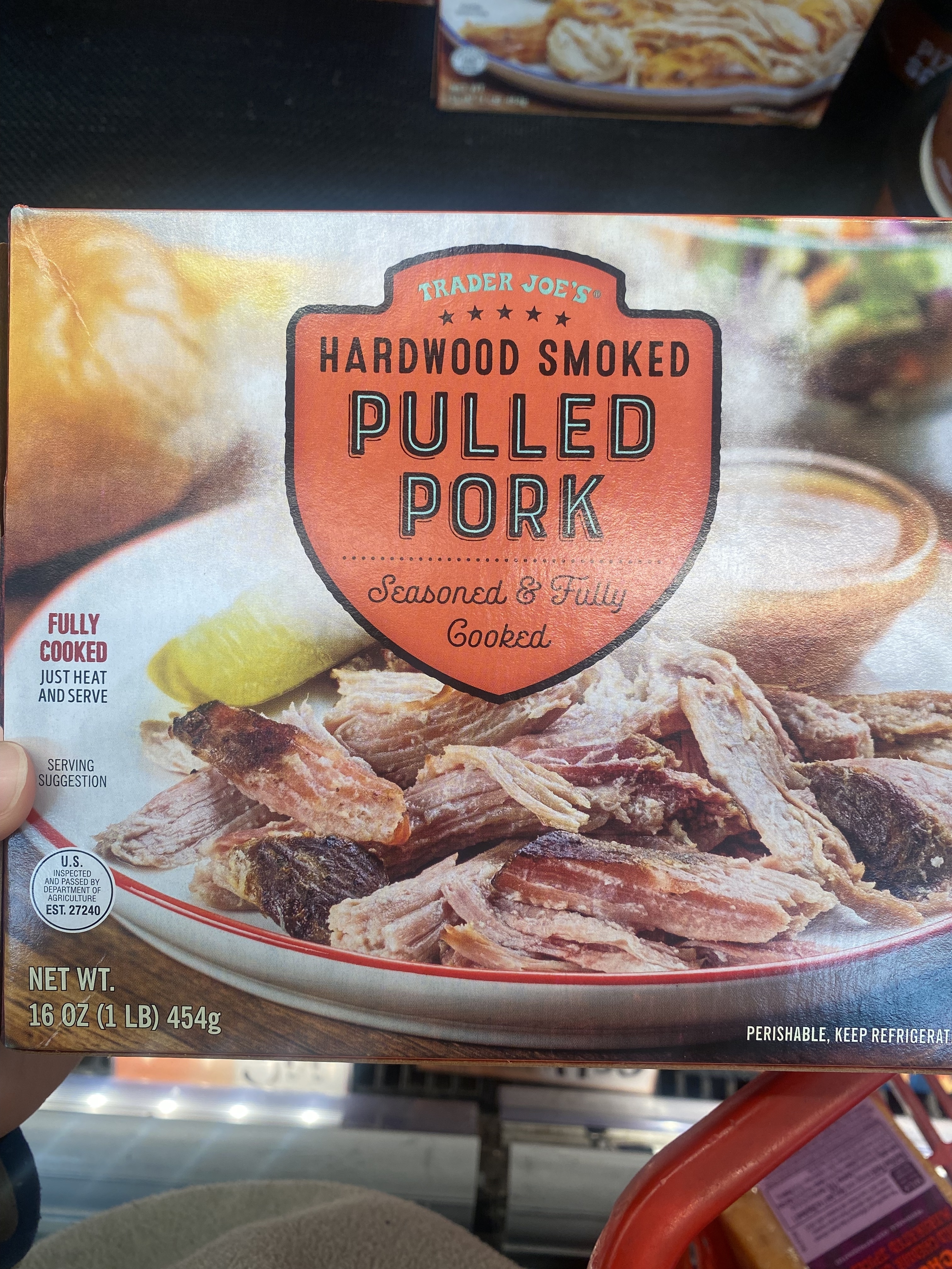 a box of hardwood smoked pulled pork