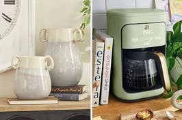 on left: set of ceramic vases placed on books. on right: green coffee maker on kitchen counter