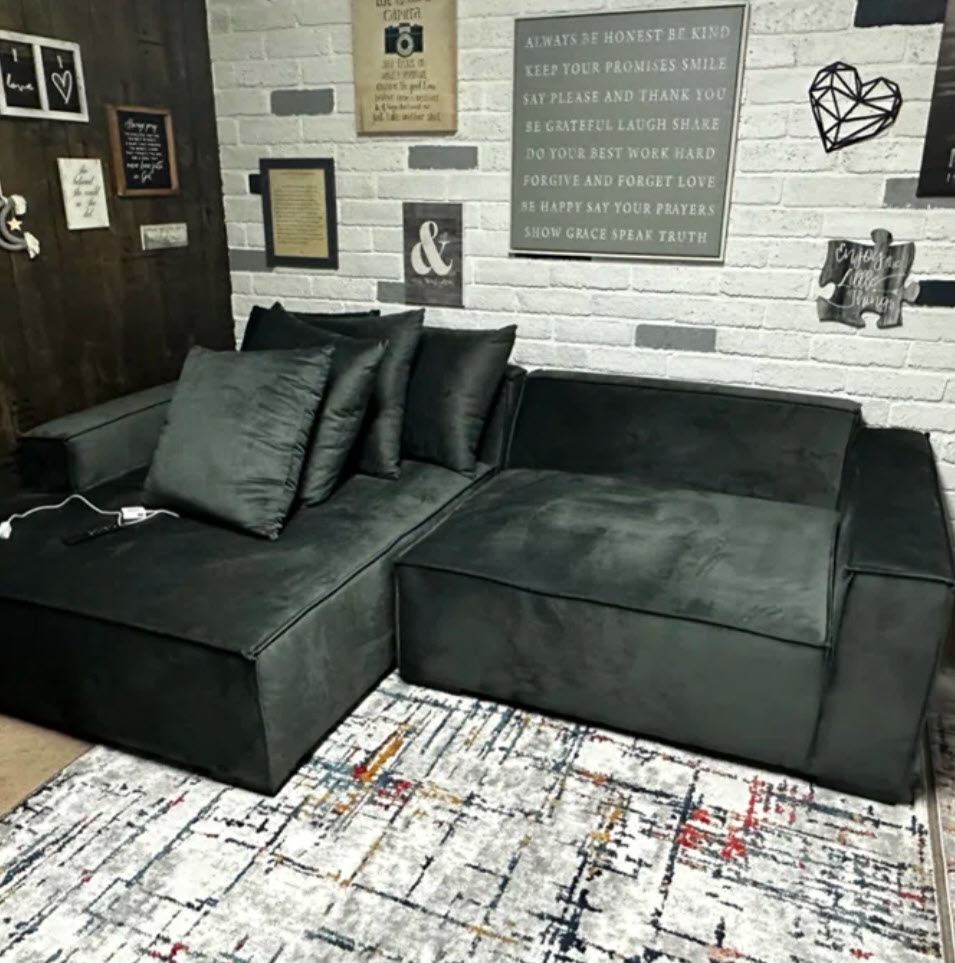 large square dark grey velvet sectional with matching pillows
