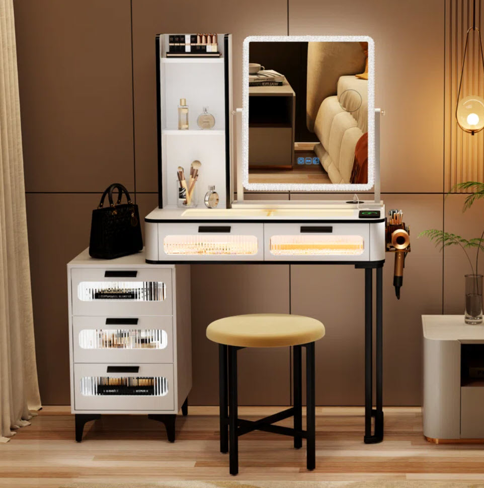 vanity table, drawer and mirror set with led lighting and stool