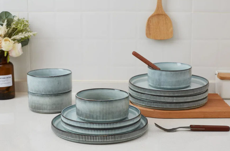 distressed teal dining set of bowls and plates