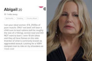 An unhinged Tinder bio next to Jennifer Coolidge looking confused