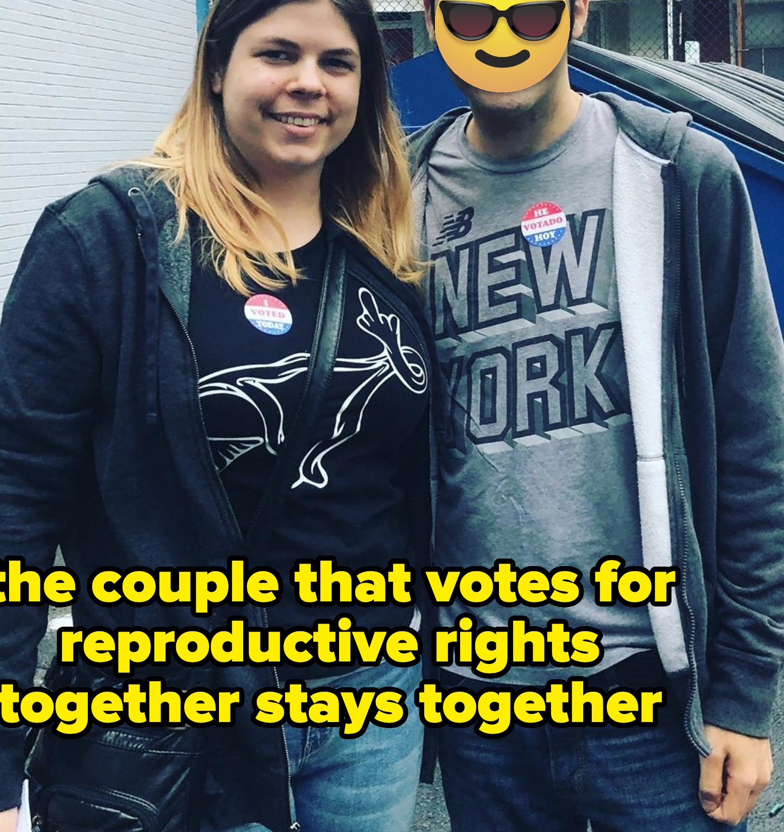 author and her husband, with an emoji covering his face and the text, the couple that votes for reproductive rights together stays together
