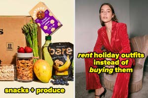 misfits box with snacks and produce; model wearing a red crushed velvet suit