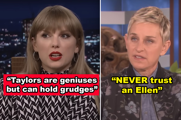 SIde-by-sides of Taylor Swift and Ellen DeGeneres being interviewed