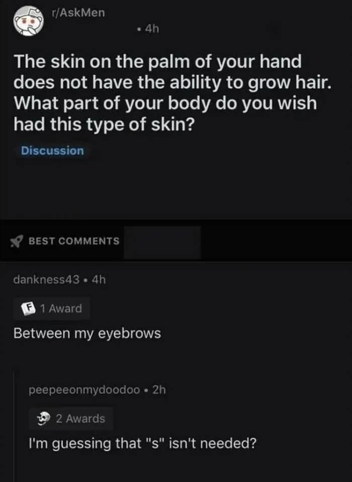 person 1 says they would love if the space between their eyebrows had the type of skin that didn&#x27;t grow hair and another person responds with, i&#x27;m guessing that &quot;s&quot; isn&#x27;t needed