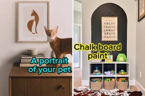A cat near a portrait of themselves/A wall with an arch design painted using chalk board paint