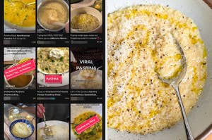 TikTok screen showing 9 different viral pastina recipes and an image of the plated creamy pastina dish with olive oil, black pepper, and parmesan cheese