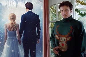 On the left, the back of a couple as snow falls around them, and on the right, Colin Firth wearing a Rudolph sweater as Mark Darcy in Bridget Jones's Diary