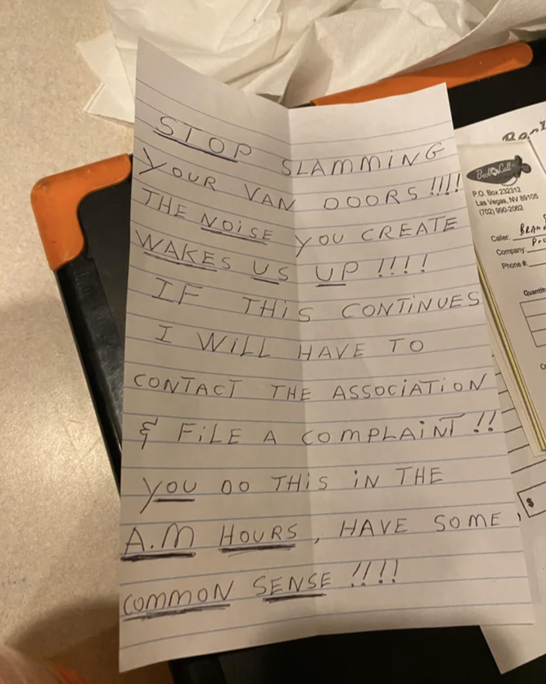 note says to stop slamming car doors and making so much noise in the morning