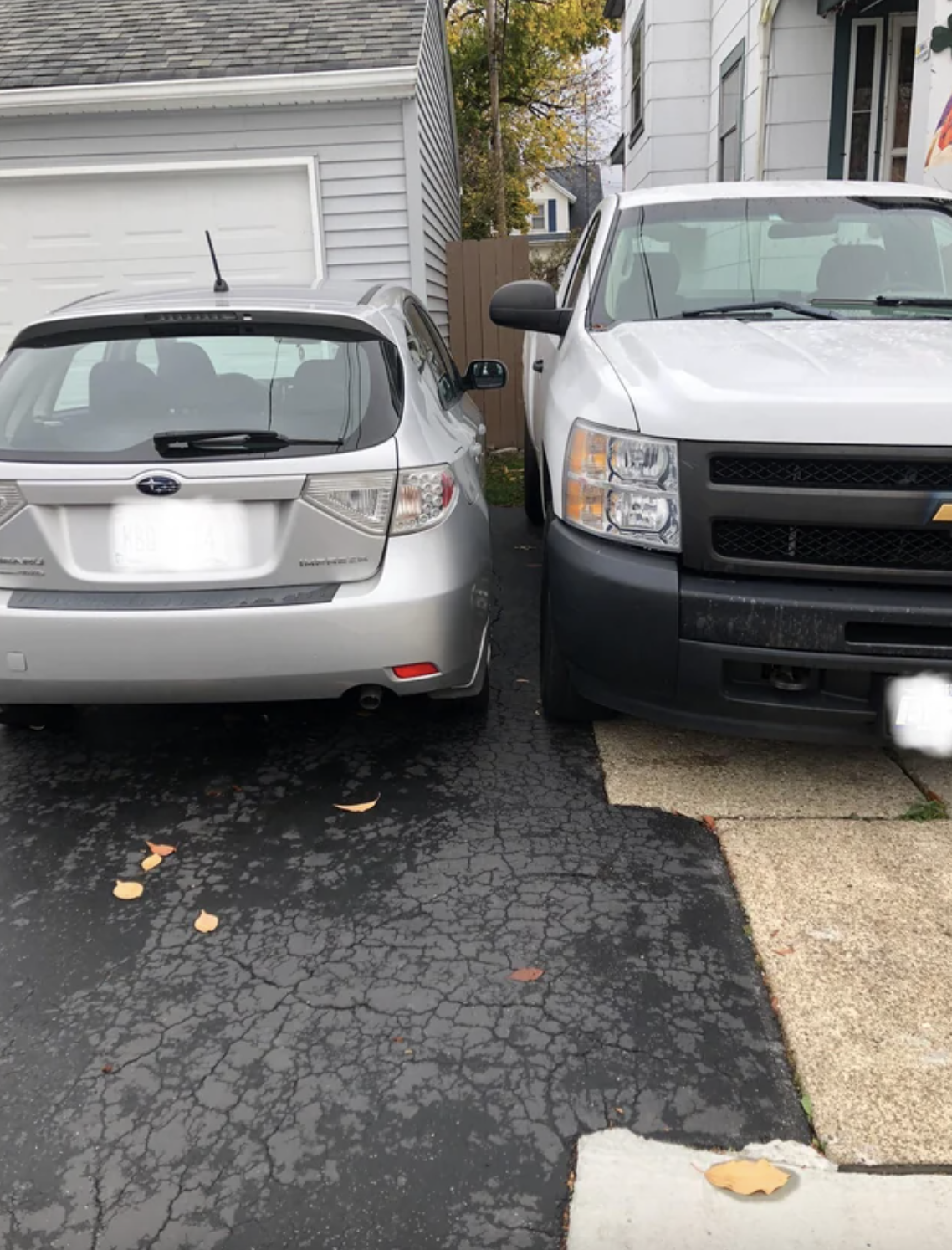 the tired of the truck are one inch into the neighbor&#x27;s driveway and there&#x27;s no room for the passenger to get out
