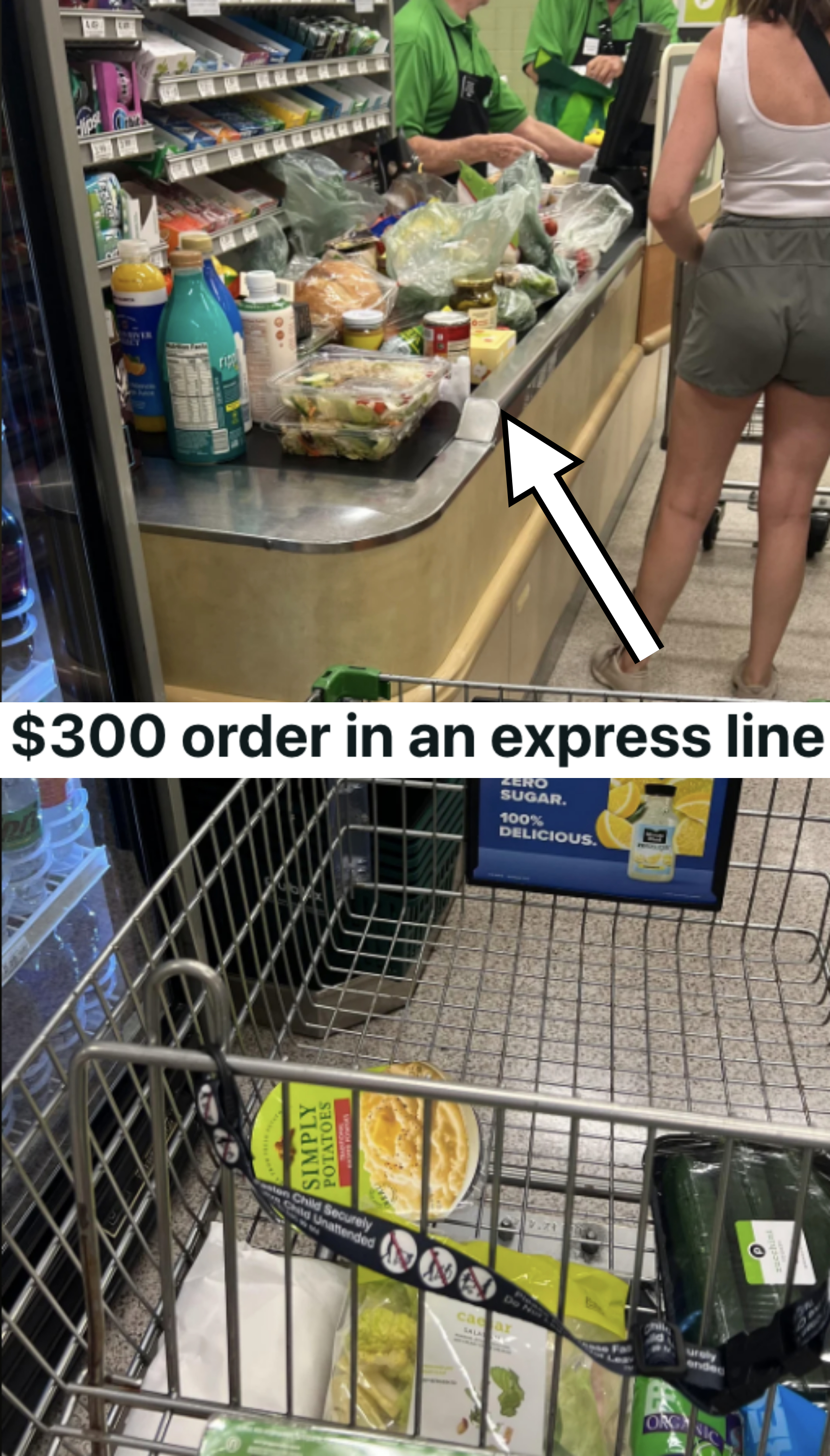 Arrow pointing to someone&#x27;s groceries in the express lane