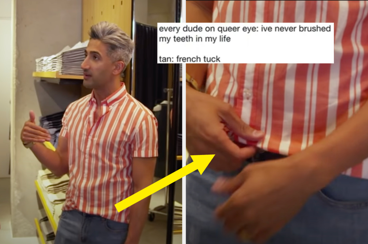 Tan France showing the french tuck on a Queer Eye makeover