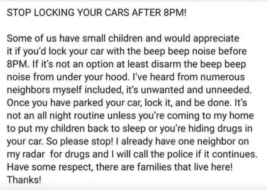 &quot;STOP LOCKING YOUR CARS AFTER 8PM!&quot;
