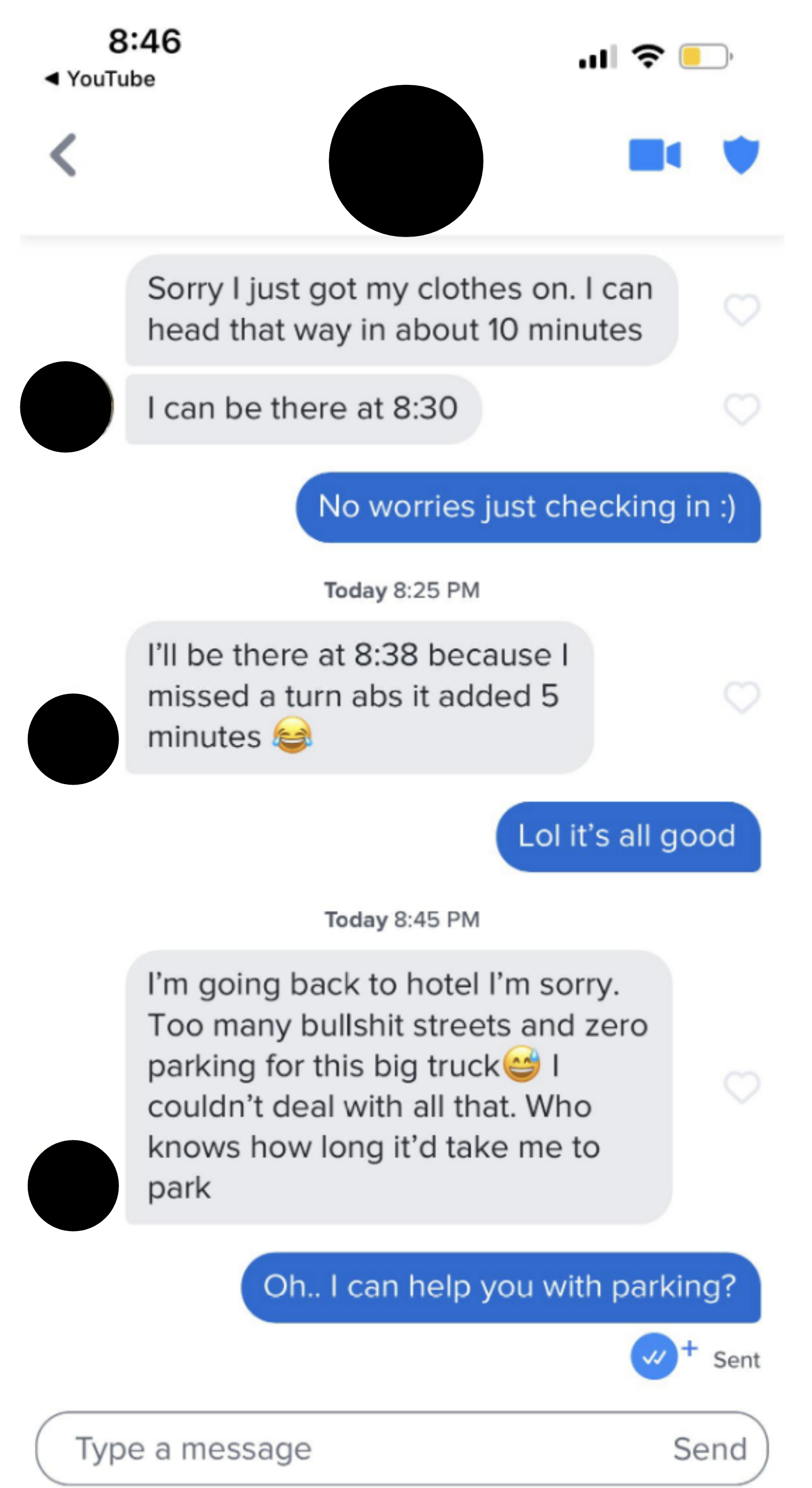 person saying they can't find parking so they don't want to deal with it