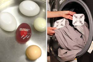 L: red egg-perfect eggtimer in a bot of water with eggs R: wad-free tabs to prevent bedsheets from tangling in the dryer