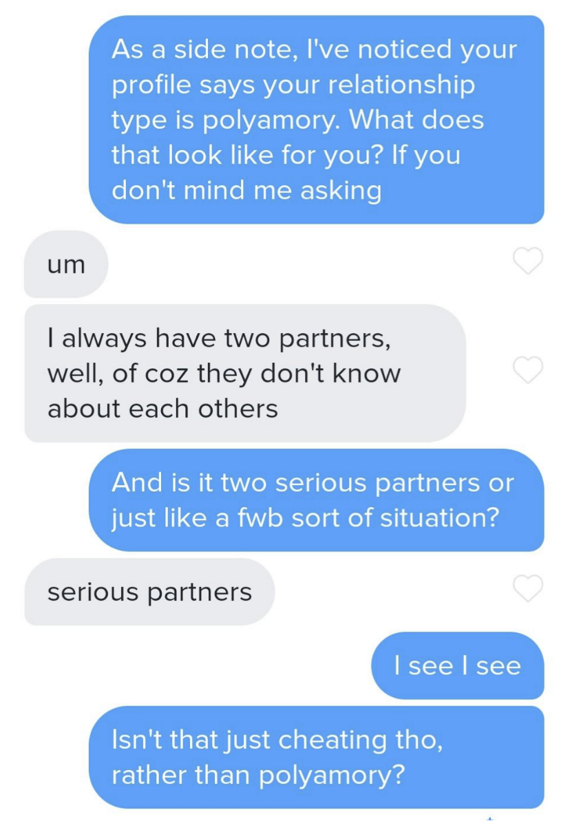 person saying they have two serious partners but they don't know about each other